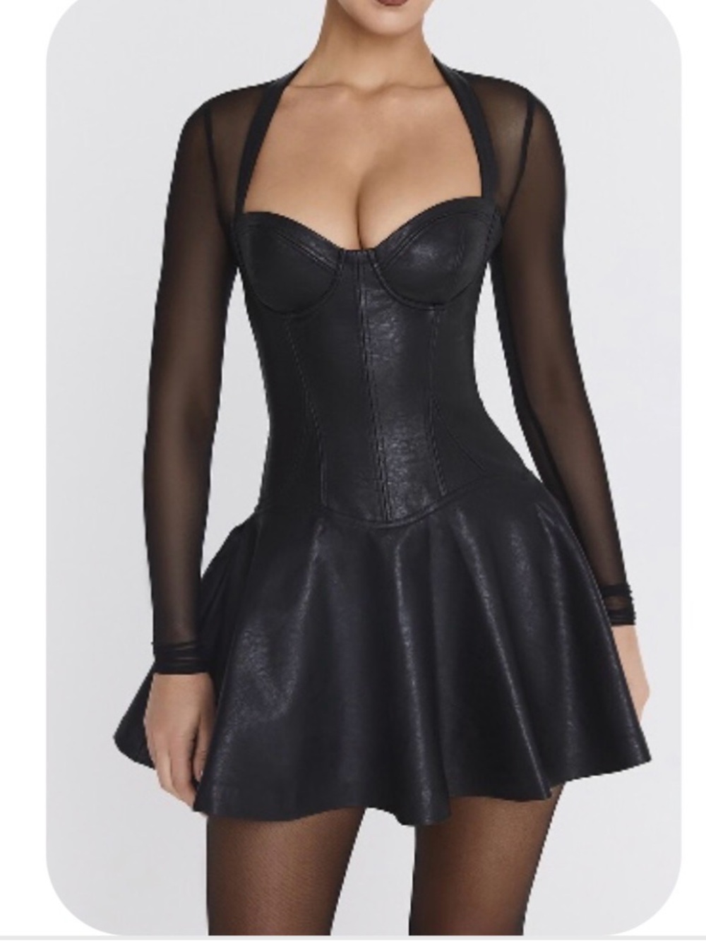 Black Faux Leather Corset Mini Dress with Sheer Long Sleeves